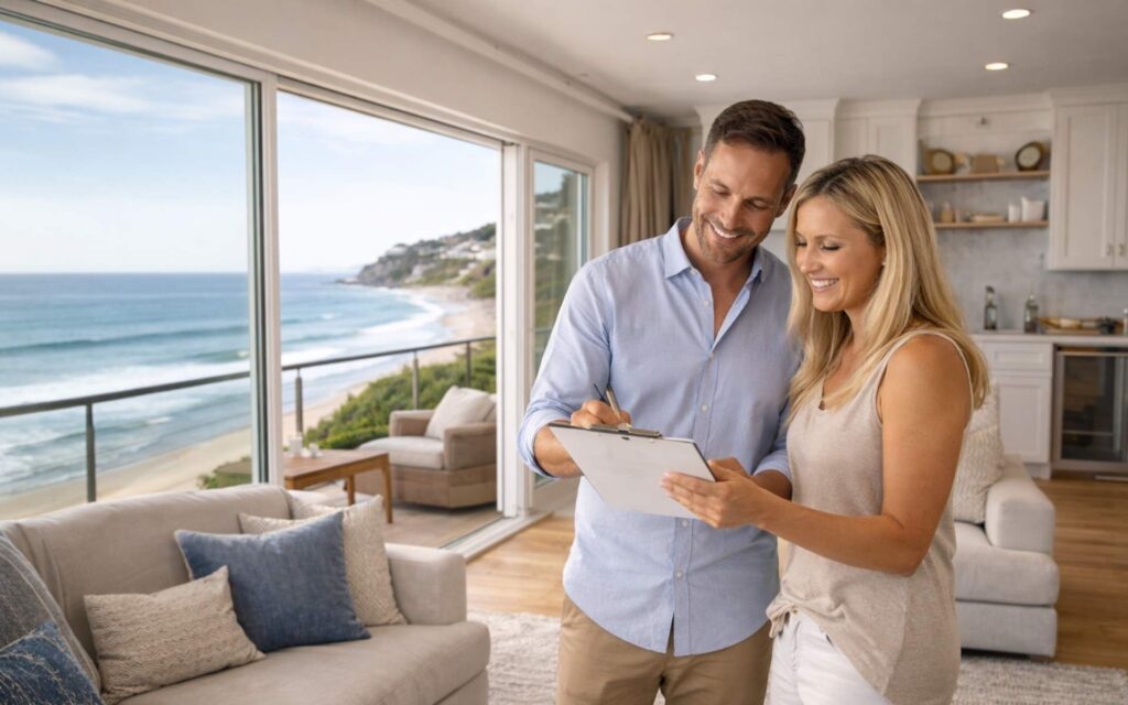 San Diego Coastal STR Management What Property Owners Need to Know San Diego coastal property owners reviewing short-term rental management strategy in oceanfront home
