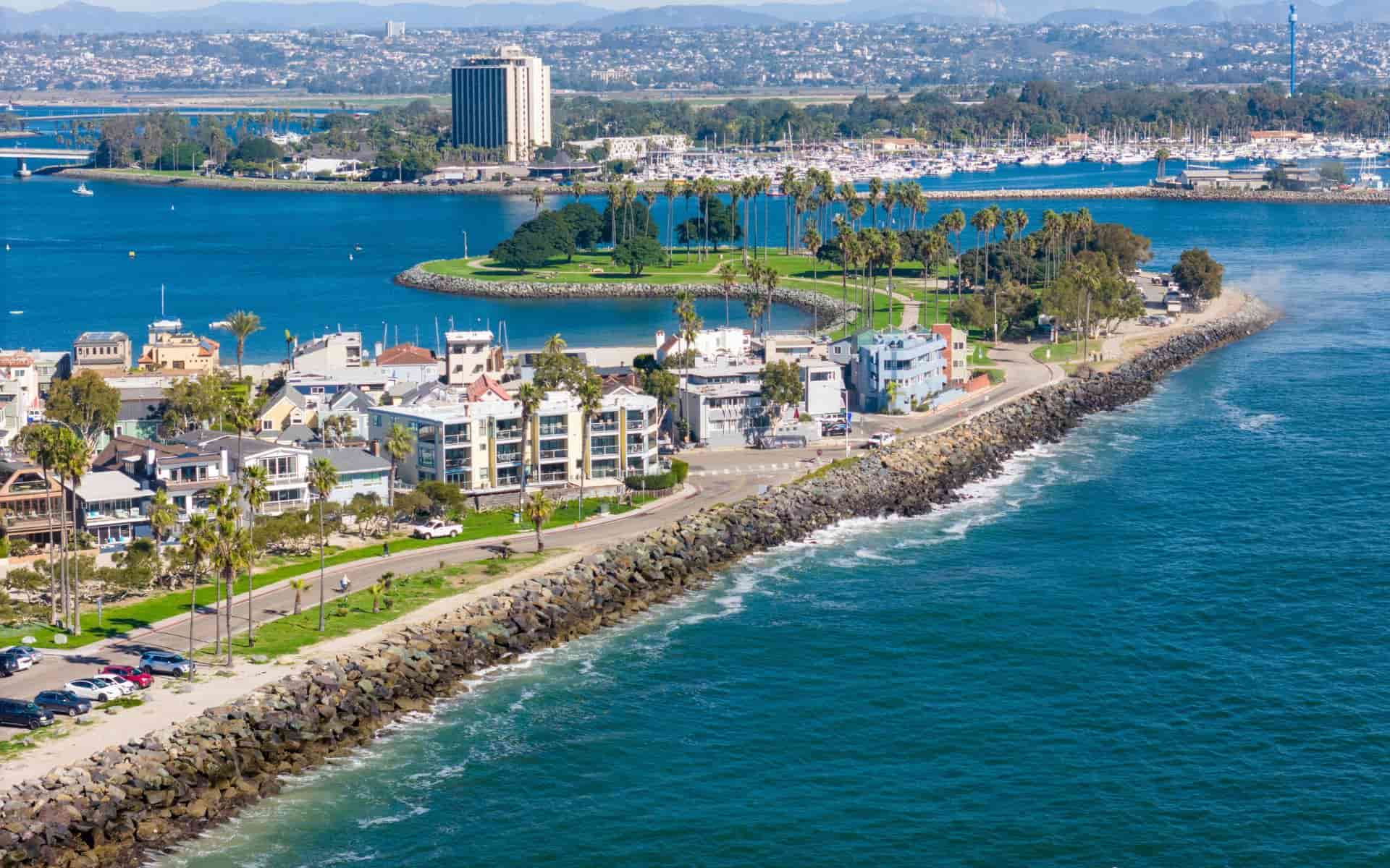 Aerial view of San Diego's Mission Beach Coast