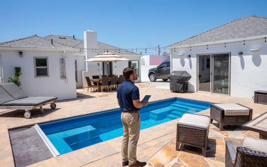 la jolla property inspection home Property manager inspecting a La Jolla home with a pool