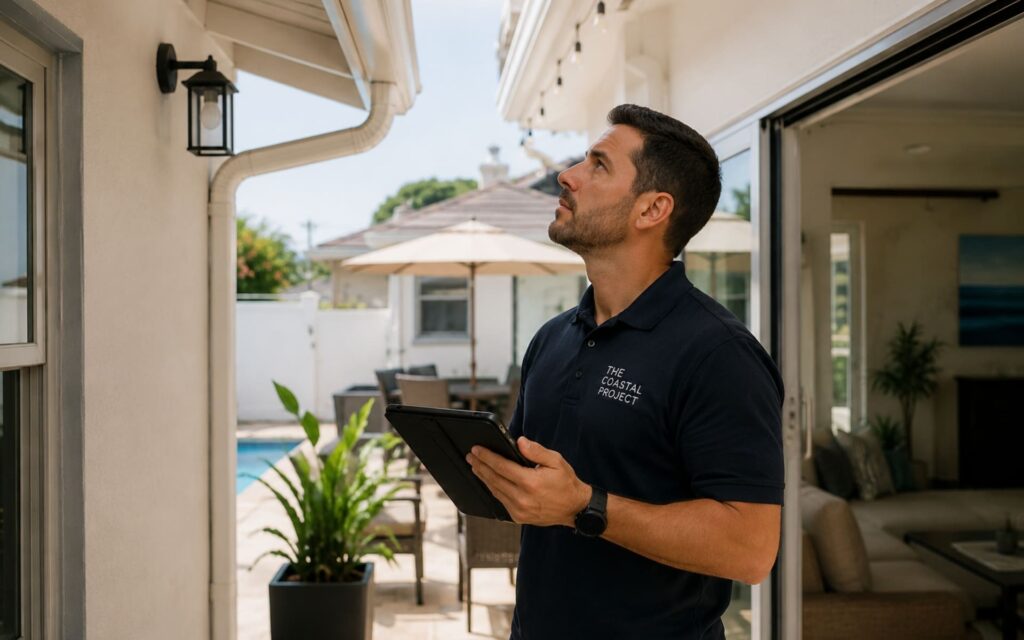 property manager owner reporting la jolla The Coastal Project Property manager reviewing home information on a tablet