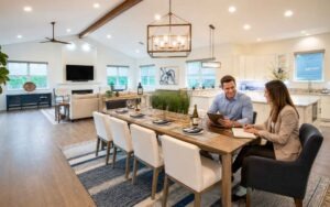 Homeowner reviewing vacation rental management questions with a property manager