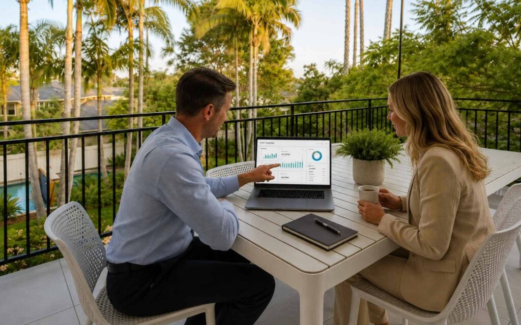 vacation rental owner reporting san diego Property manager reviewing vacation rental performance reporting with a homeowner