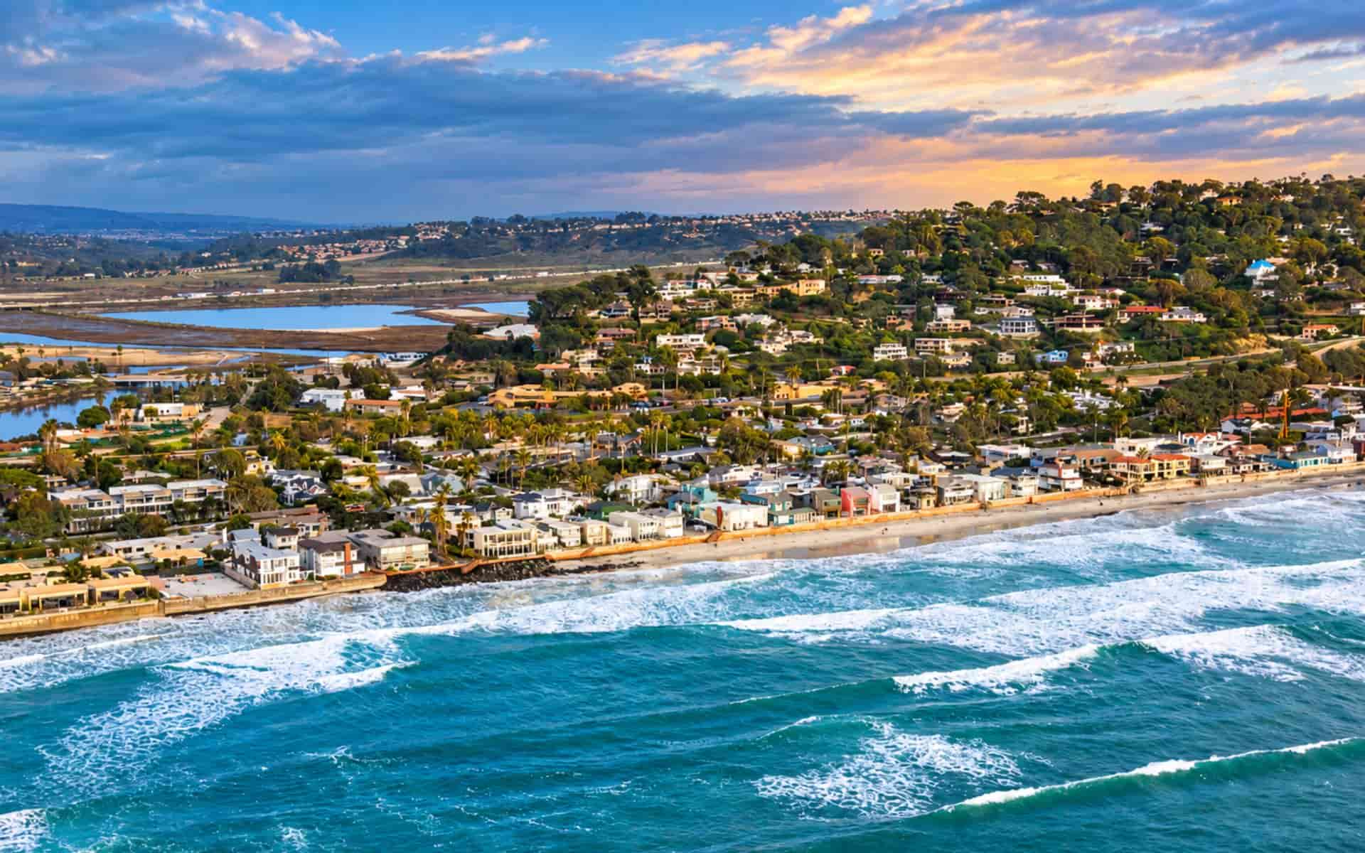 Aerial view of Del Mar, CA coastline and coastal community