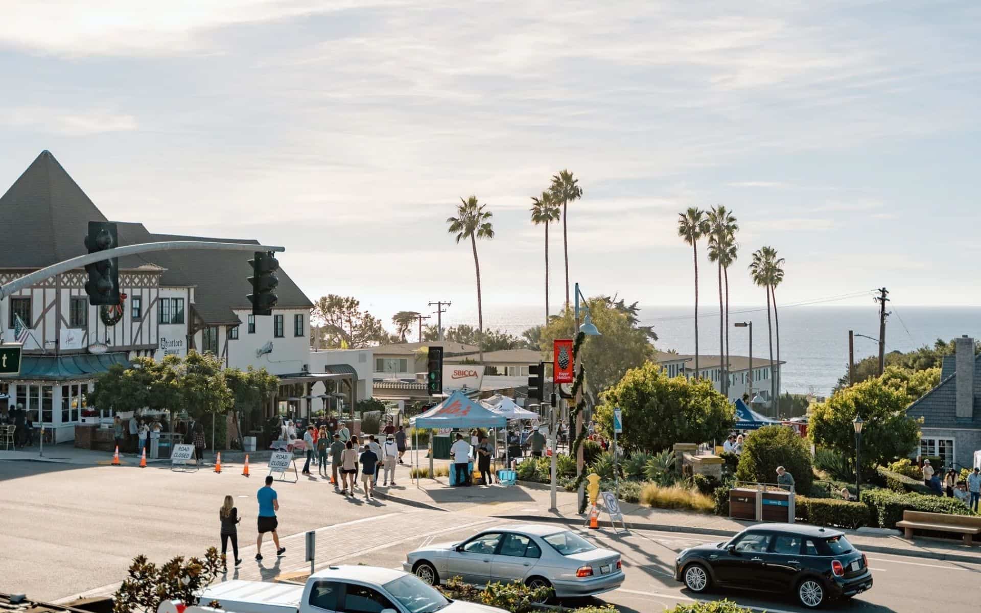 Del Mar Village with local businesses, palm trees, and Pacific Ocean views