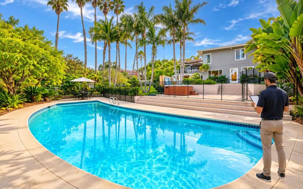 Property Manager Inspecting Pool at a Southern California Second Home Property manager inspecting a backyard pool and outdoor area at a Southern California second home used as a vacation rental.