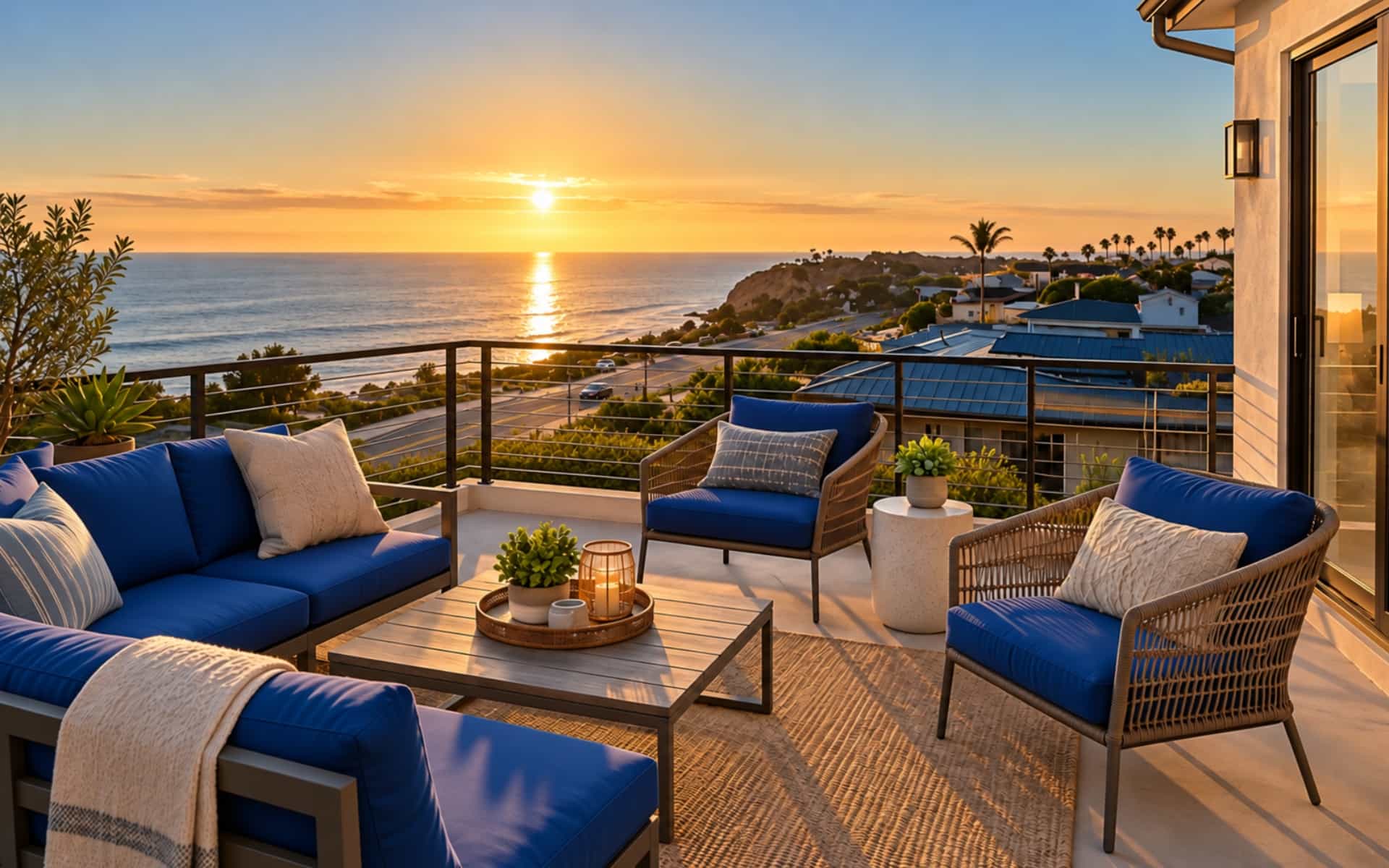 Coastal home terrace with outdoor seating overlooking the ocean, shoreline, and neighboring rooftops at sunset.