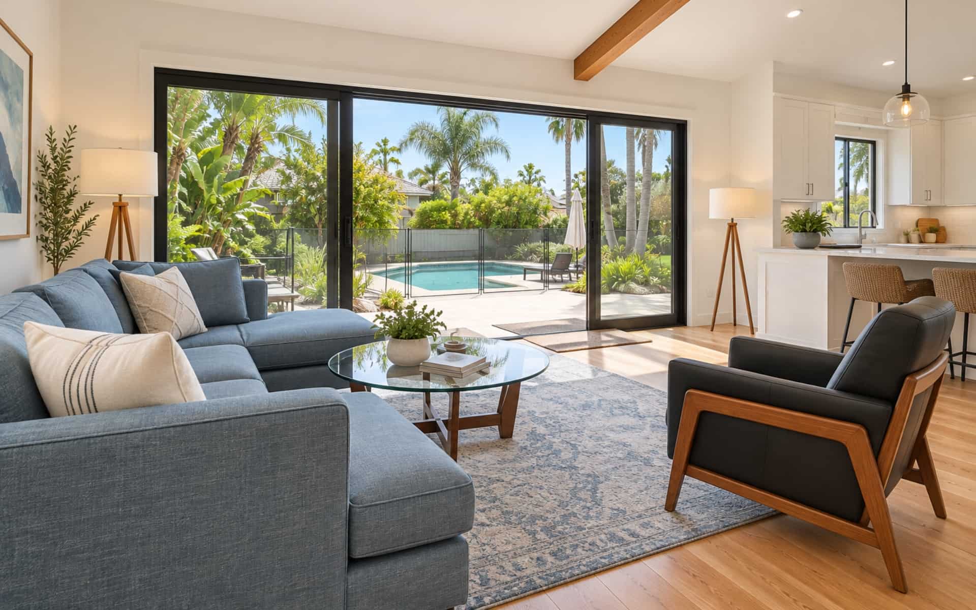 Living room with a blue-gray sofa, leather armchair, and sliding glass doors overlooking a garden and swimming pool.