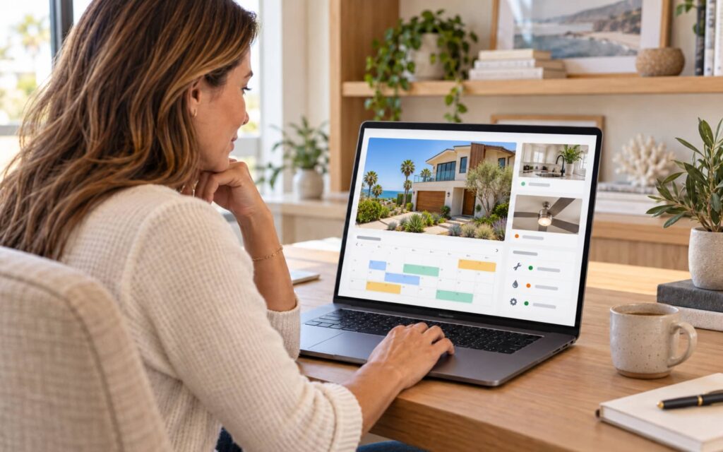 Managing a San Clemente Rental Remotely San Clemente rental owner reviewing property photos, maintenance updates and a rental calendar on a laptop.