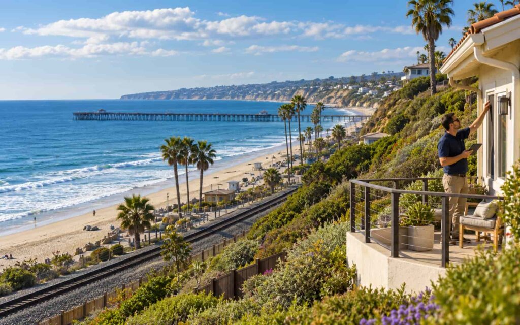 San Clemente Rental Property Maintenance Inspection Local property professional inspecting a San Clemente coastal rental and documenting maintenance needs on a tablet.