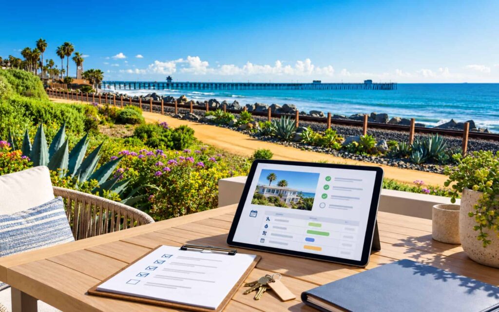 San Clemente Rental Self-Management Checklist Tablet, inspection checklist, property keys and maintenance records organized on a San Clemente coastal terrace.